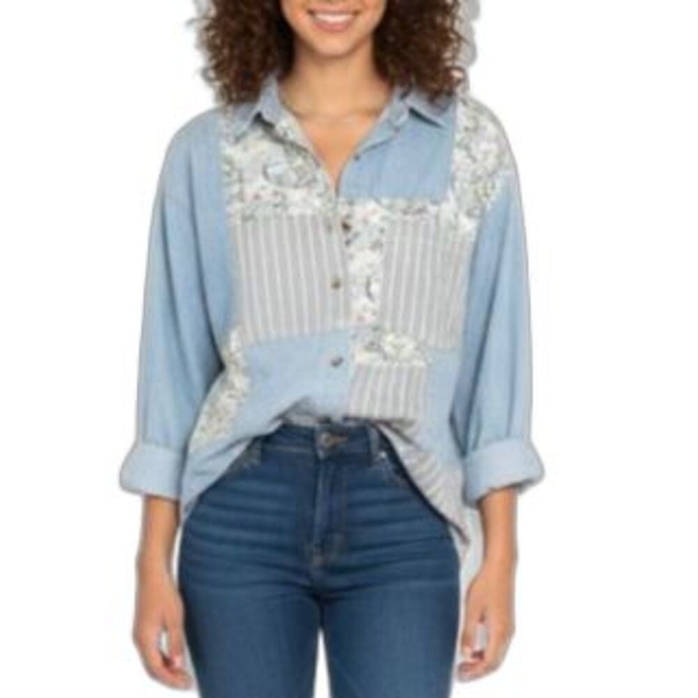 Solutions! Women's Blue Floral Stripe Patchwork Vintage LS Denim Shirt Size M